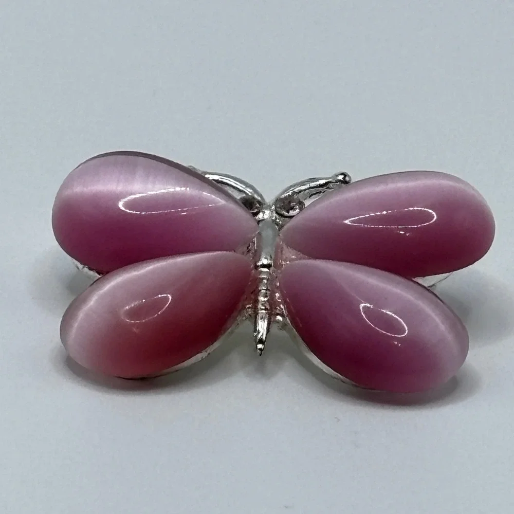 Sonoma Pink Cats Eye Butterfly Brooch Silver Tone Whimsical Insect Pin